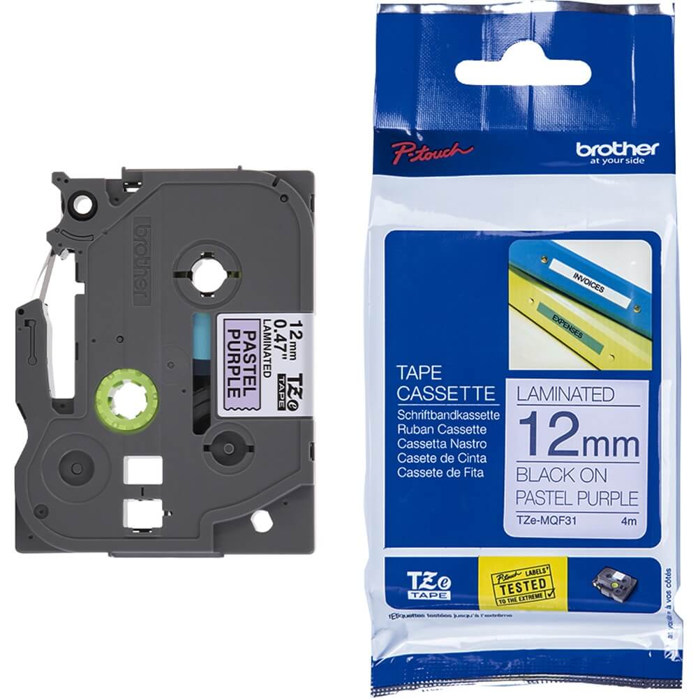 Fita Brother TZE-MQF31 12mm Preto sobre Roxo Pastel - Impressorajato